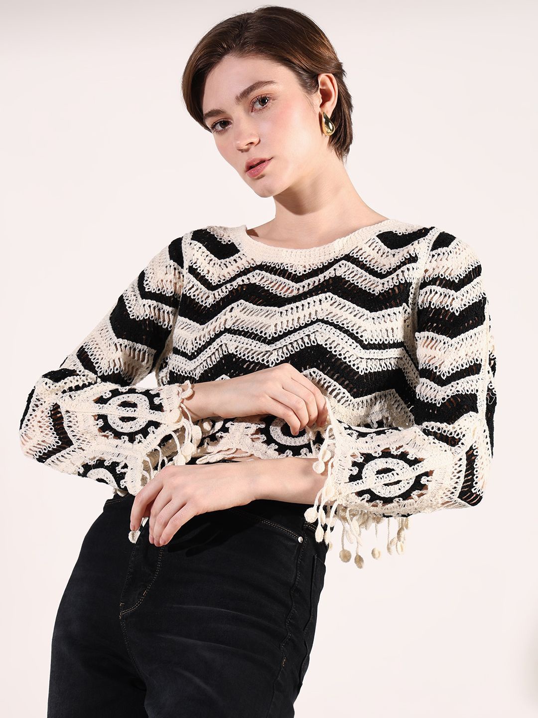 

SHOWOFF Women Self Design Crochet Top, Cream