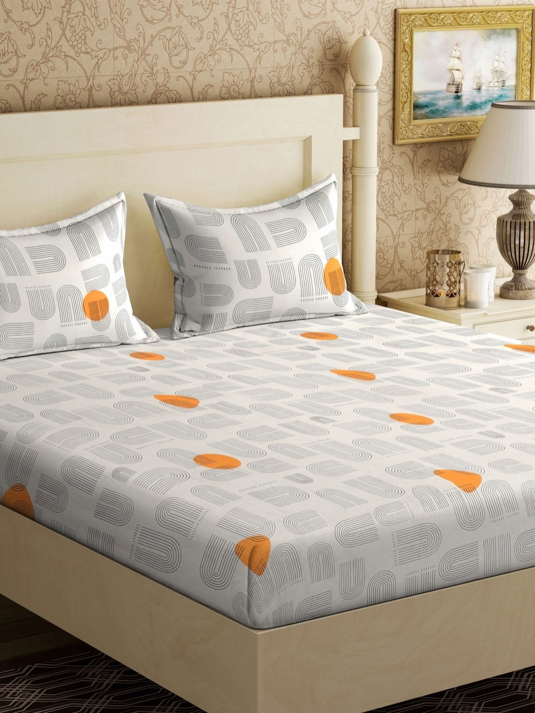 

Aura Cream & Orange-Colored Geometric Printed 300TC King Bedsheet With 2 Pillow Cover