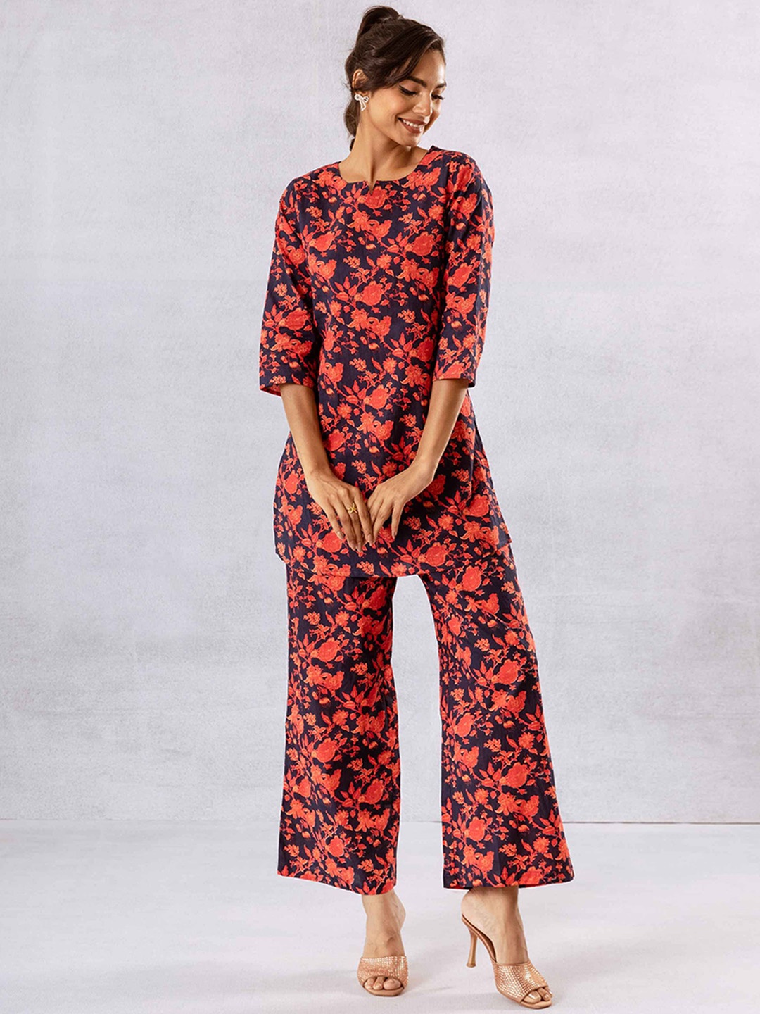 

HUKUM Floral Printed Pure Cotton Tunic & Palazzo, Navy blue