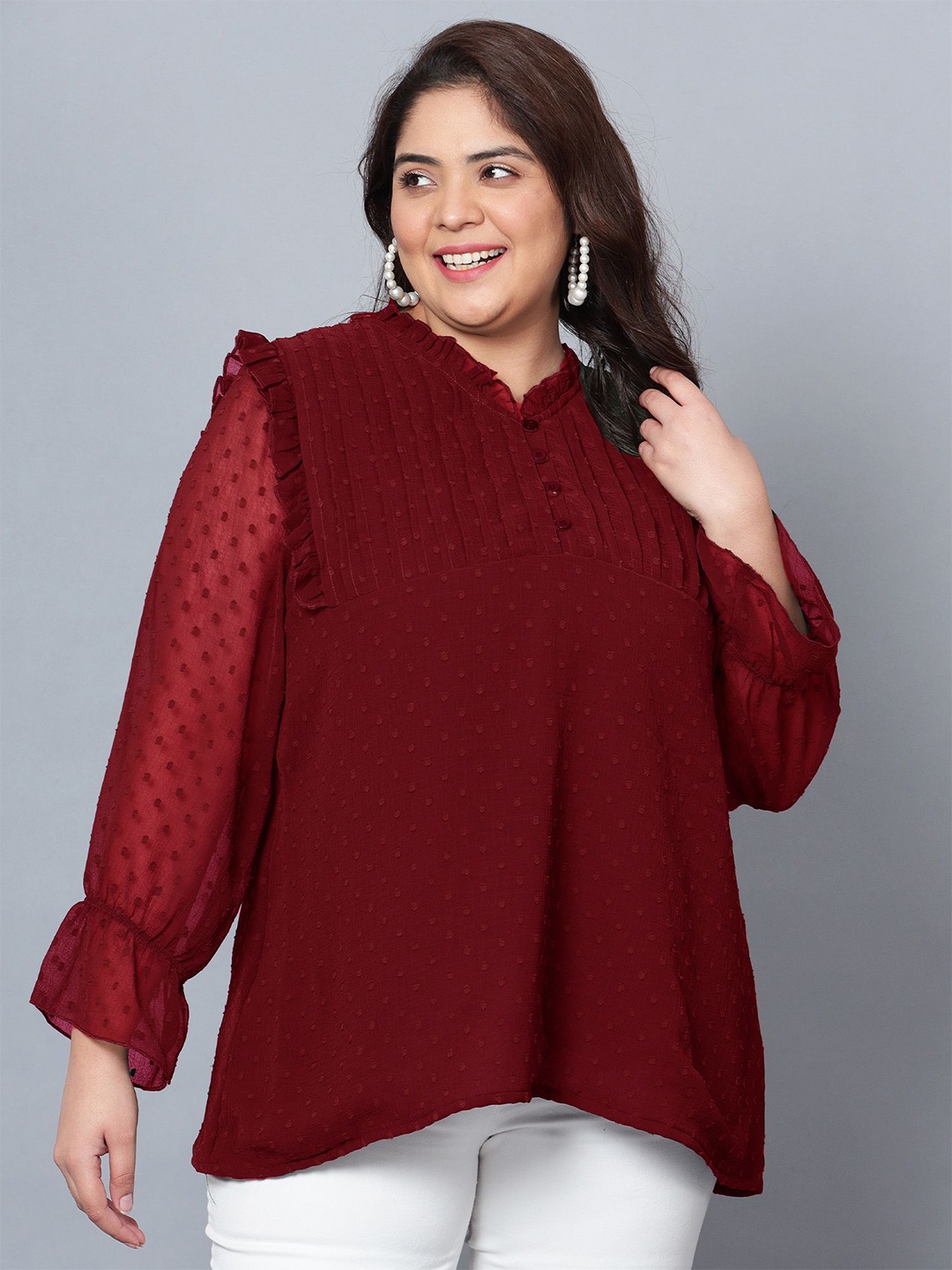 

Indietoga Embroidered Mandarin Collar Puff Sleeve Georgette Top, Red