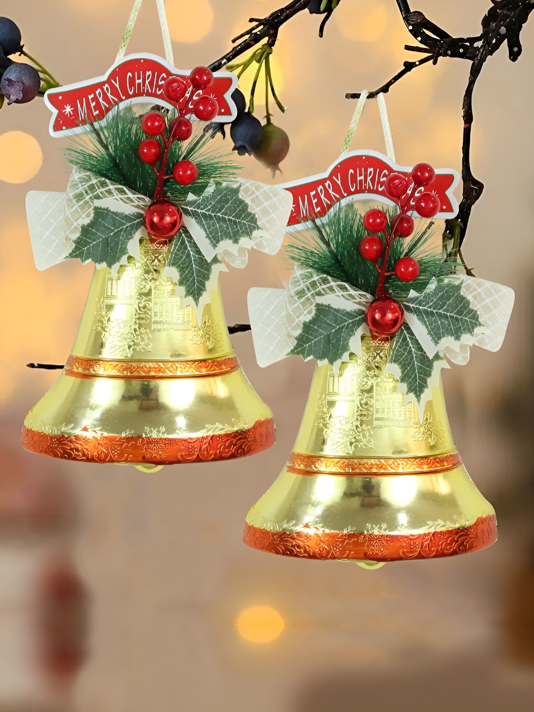 

TIED RIBBONS Set Of 2 Christmas Tree Hanging Bells, Yellow