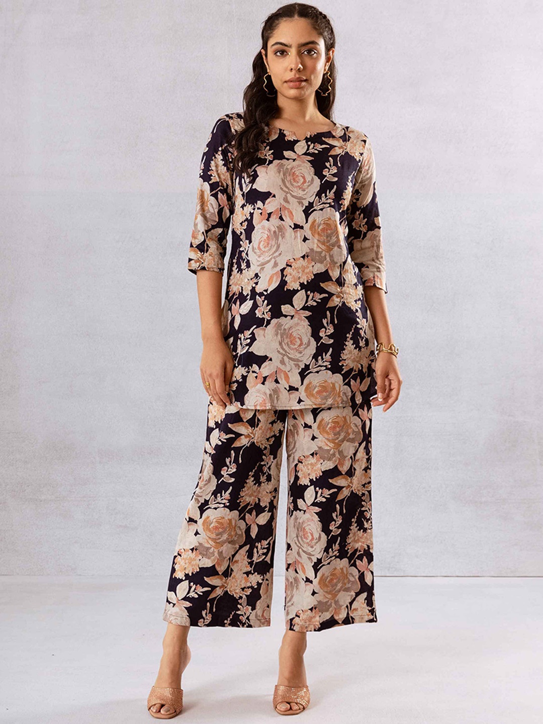 

HUKUM Floral Printed Pure Cotton Tunic & Palazzo, Navy blue