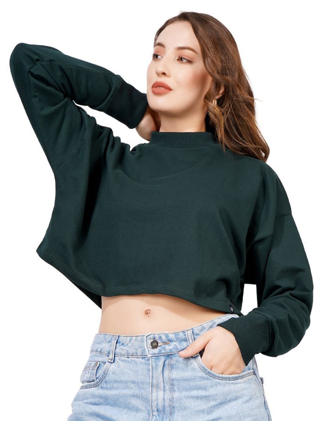 

BLUEFICUS Women Cotton Pullover Crop Sweatshirt, Green