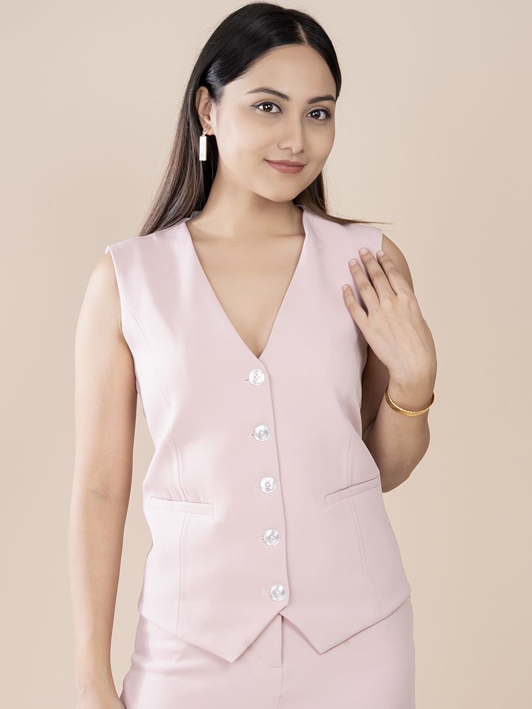 

D'Almirah V Neck Sleeveless Waistcoat, Pink