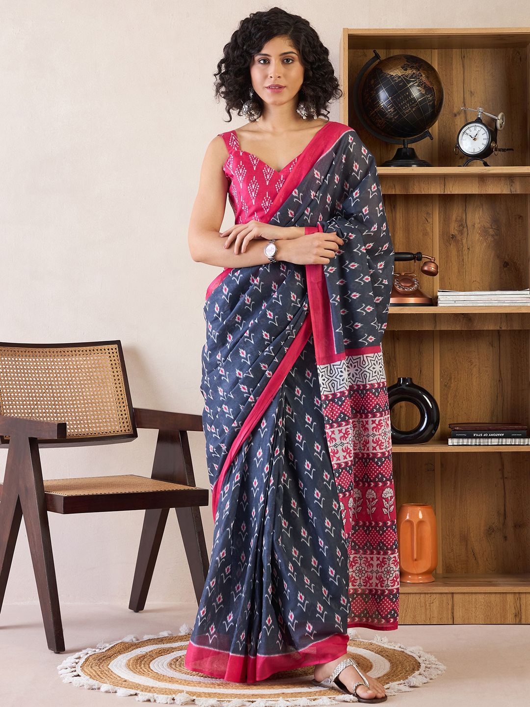 

Saree mall Ready to Wear Ethnic Motifs Ikat Sarees, Grey