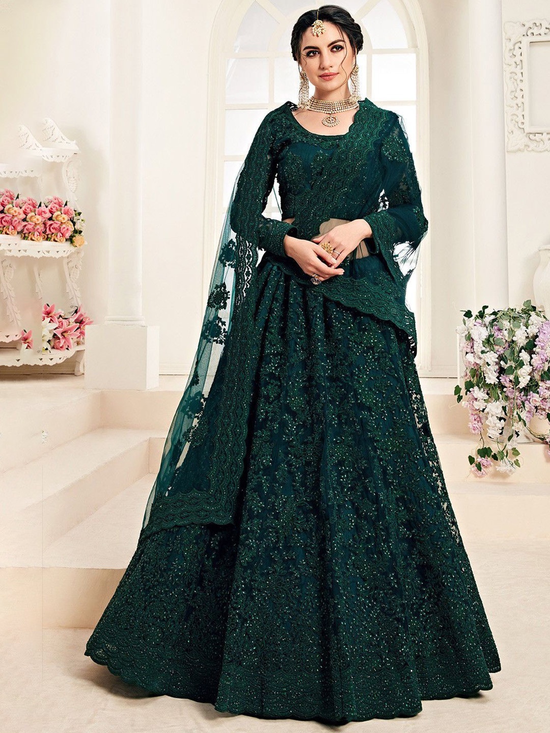 

JULEE Embroidered Semi-Stitched Lehenga & Unstitched Blouse With Dupatta, Green