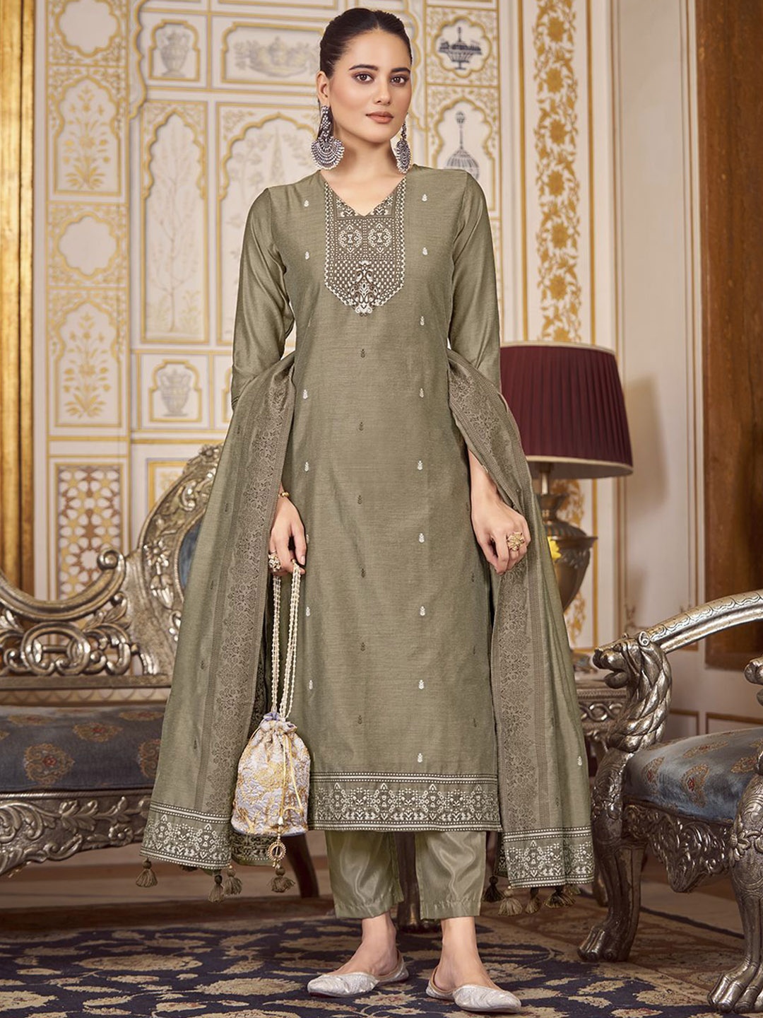 

KALINI Women Woven Straight Silk Blend Kurta with Trousers & With Dupatta, Grey