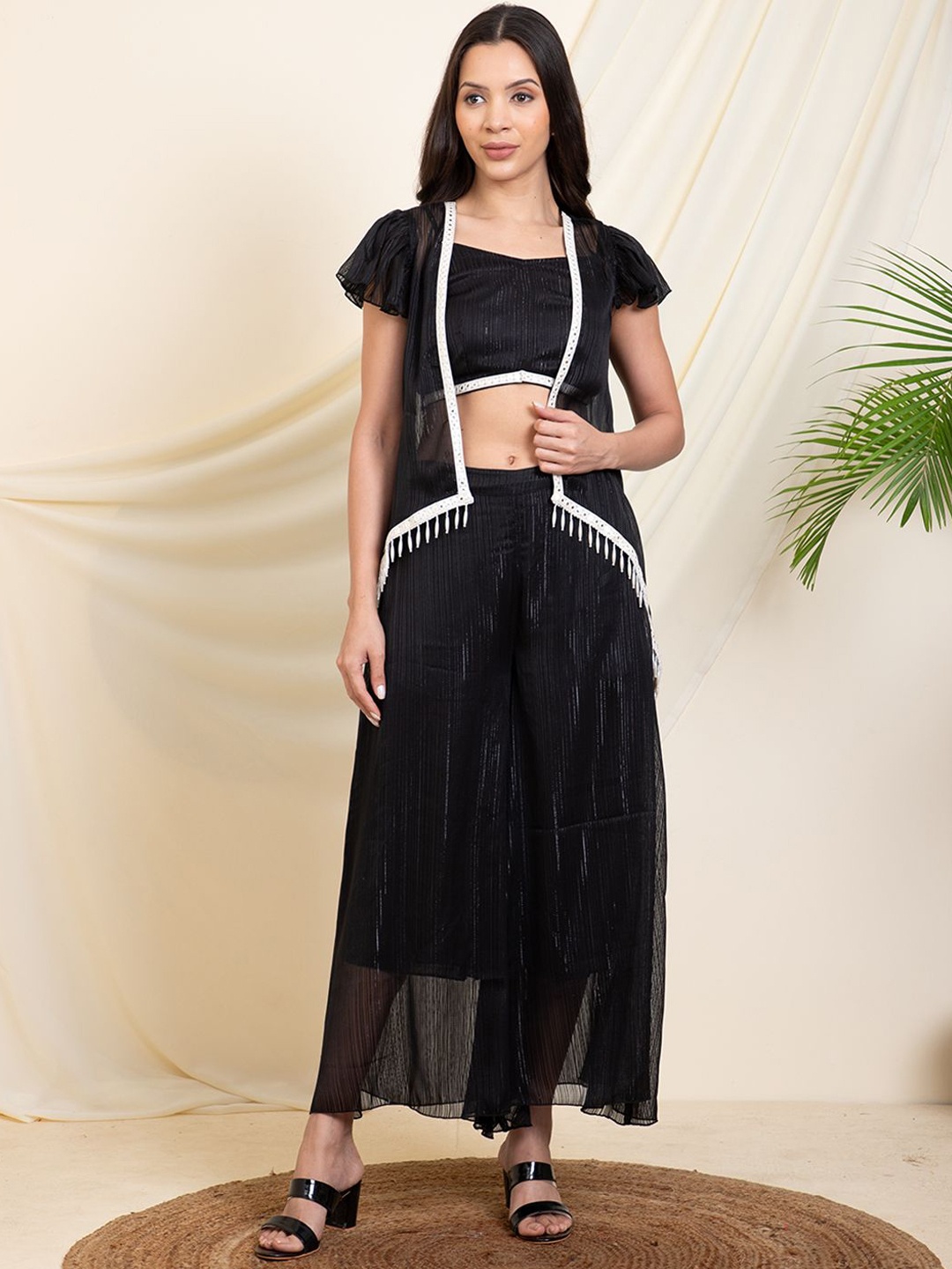 

DEEBACO Embellished Shoulder Strap Crop Top & Shrug With Palazzos, Black