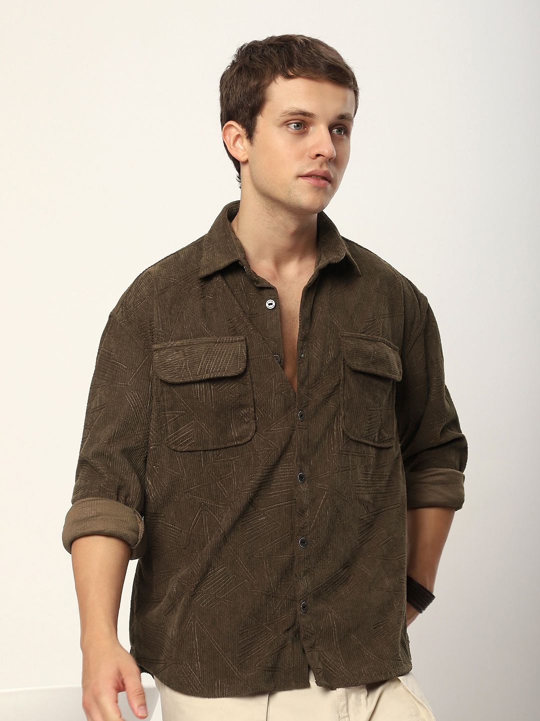 

Beyoung Men Spread Collar Solid Cotton Relaxed Fit Casual Shirt, Brown