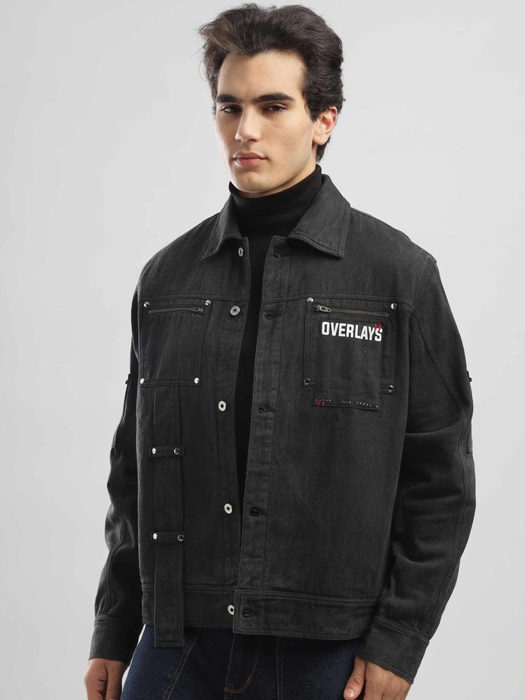 

Overlays Men Brand Logo Quilted Jacket with Patchwork, Black