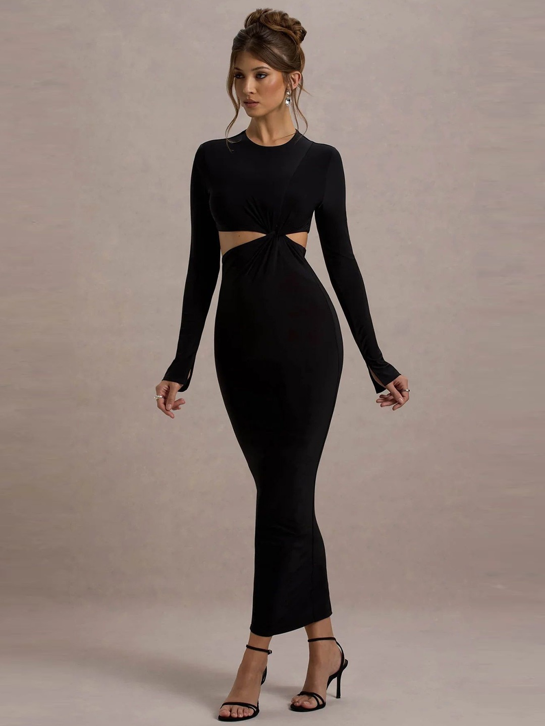 

TRAQUILA Slit Sleeve Bodycon Maxi Dress, Black