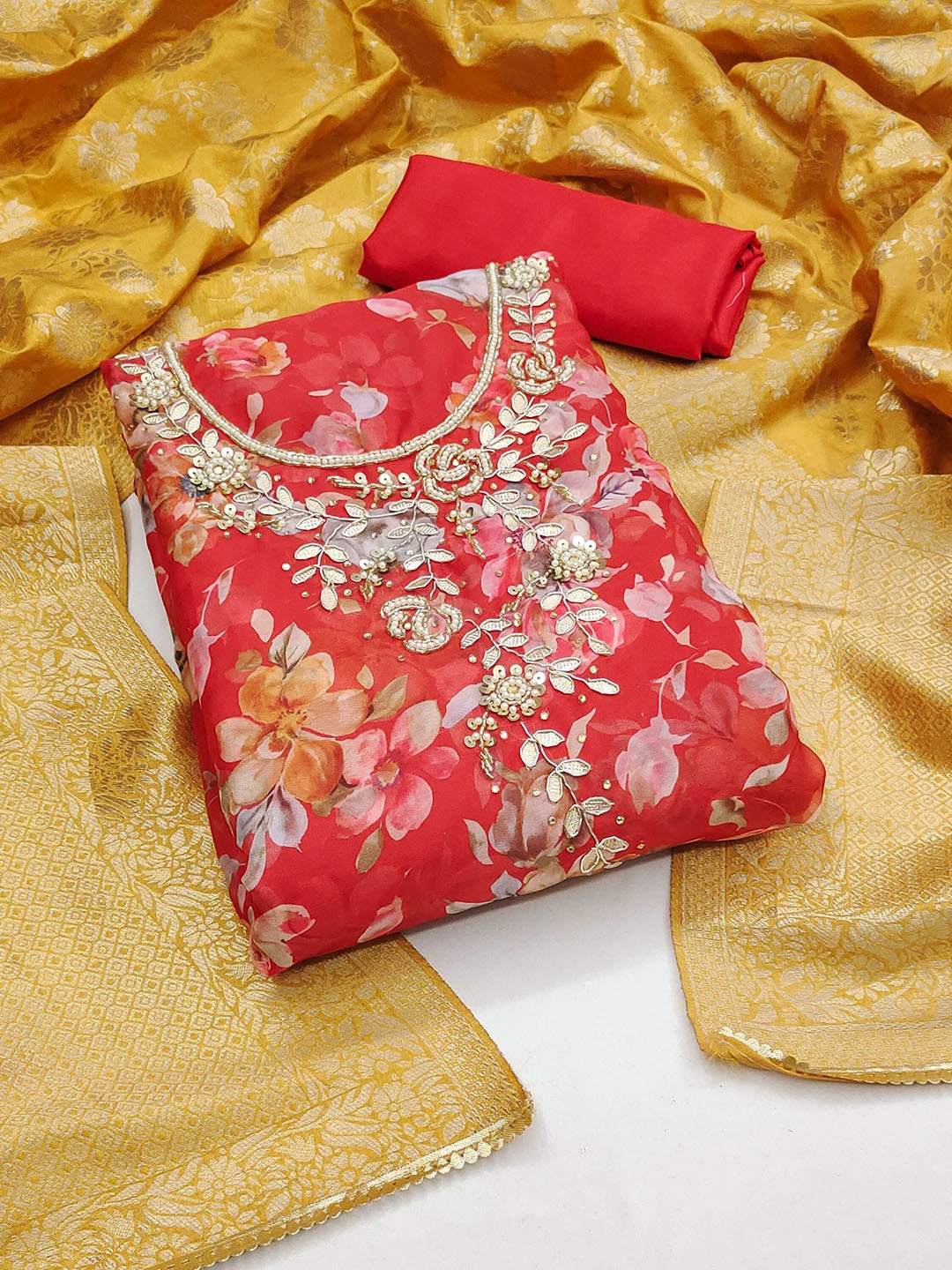 

Maroosh Embellished Organza Unstitched Dress Material, Red