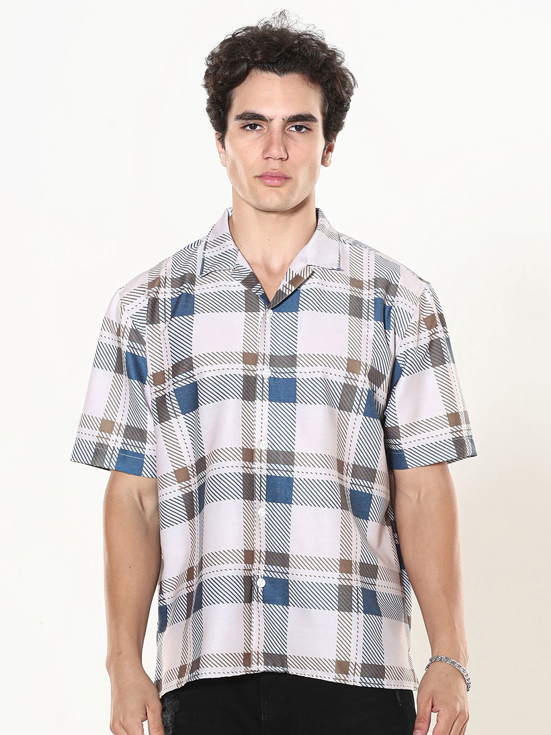 

Espanshe Men Custom Fit Cuban Collar Checked Oversized Casual Shirt, Blue