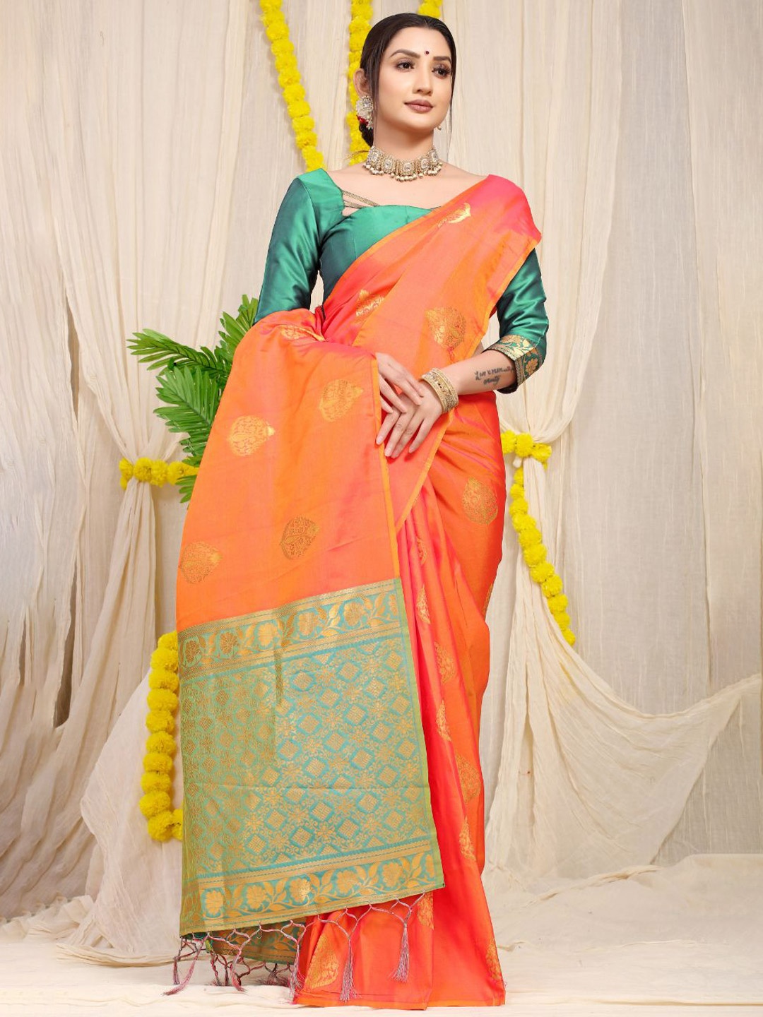 

Royal Rajgharana Saree Woven Design Zari Pure Silk Banarasi Sarees, Orange