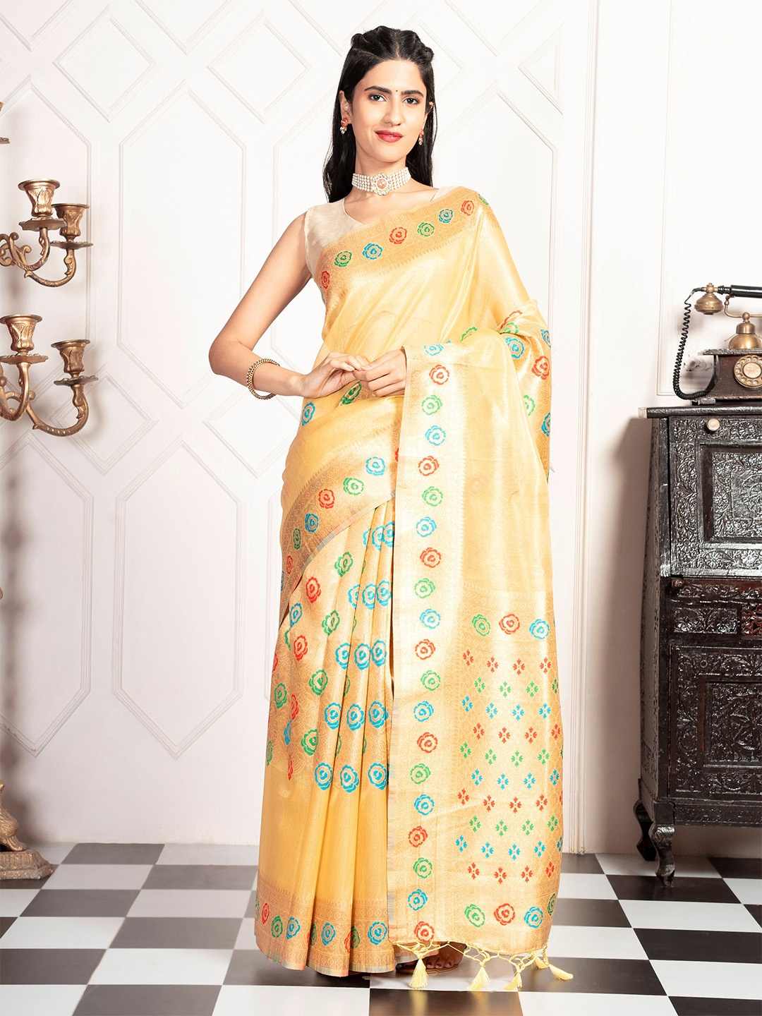 

MIMOSA Floral Woven Design Zari Banarasi Saree, Gold
