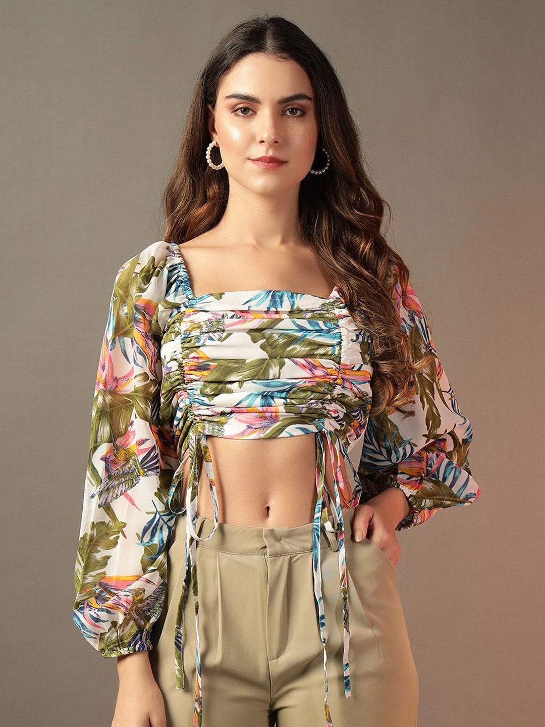 

Trend Arrest Tropical Print Puff Sleeve Georgette Crop Top, White