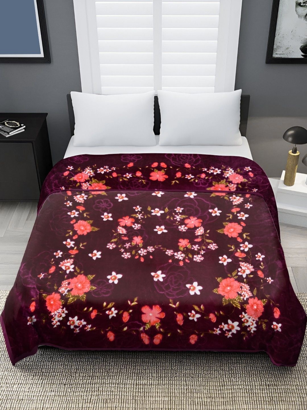 

Spangle Maroon & Pink Floral Mink Heavy Winter 450 GSM Double Bed Blanket