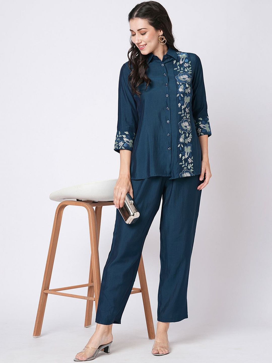 

KALINI Embroidered Shirt Collar Three-Quarter Sleeves Shirt With Trouser, Blue