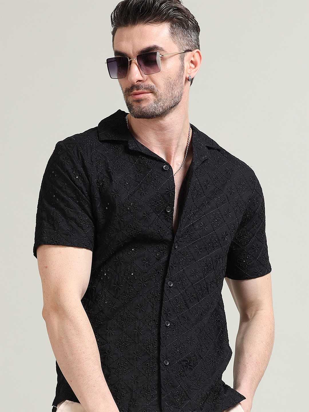 

StitchX Men Slim Fit Half Sleeve Semi Sheer Schiffli Crochet Cuban Collar Shirt, Black