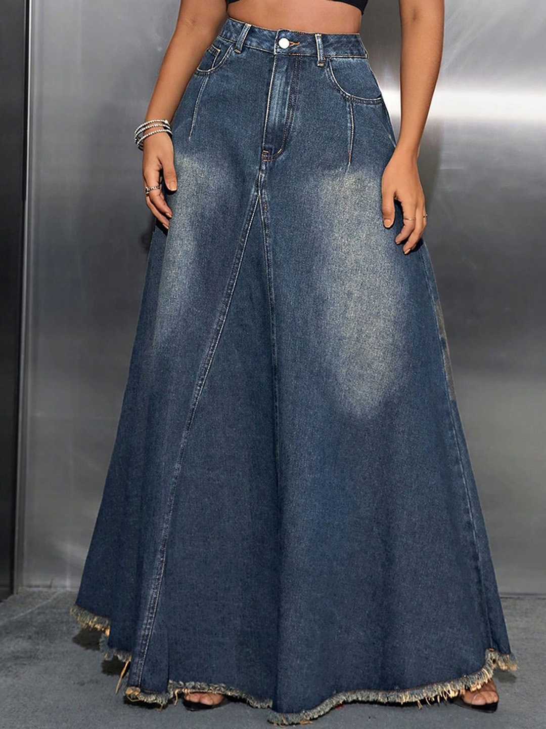 

StyleCast High-Waisted Straight Denim Long Skirt, Blue