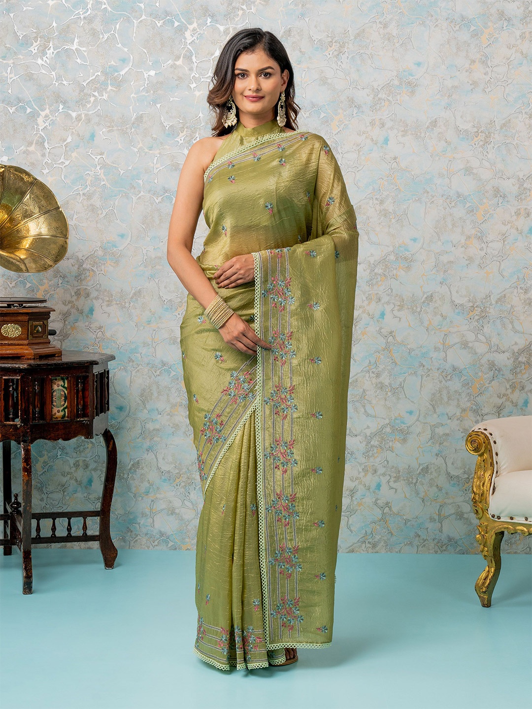 

MIMOSA Women Floral Embroidered Banarasi Saree, Olive