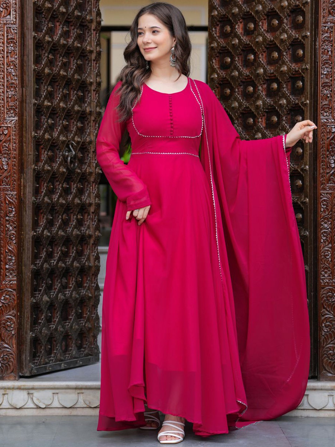 

Sitaram Designer Round Neck Georgette Fit and Flare Ethnic Dress With Dupatta, Pink