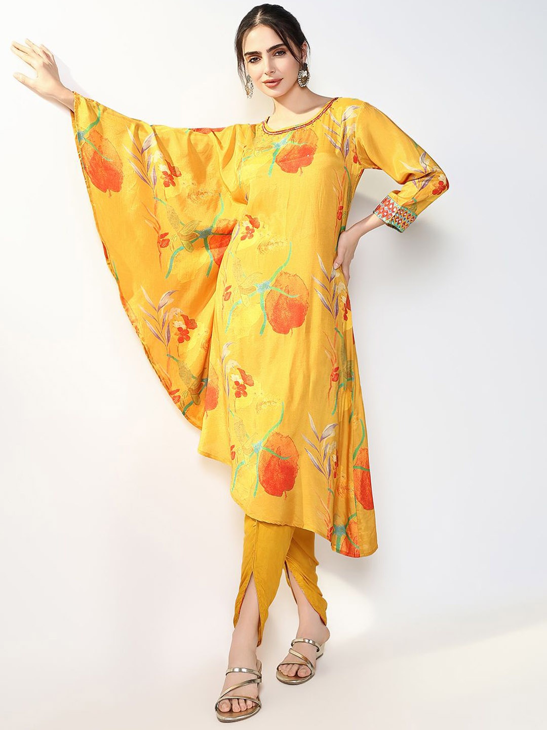 

SHOWOFF Women Floral Printed Regular Sequinned Kurta with Dhoti Pants, Yellow