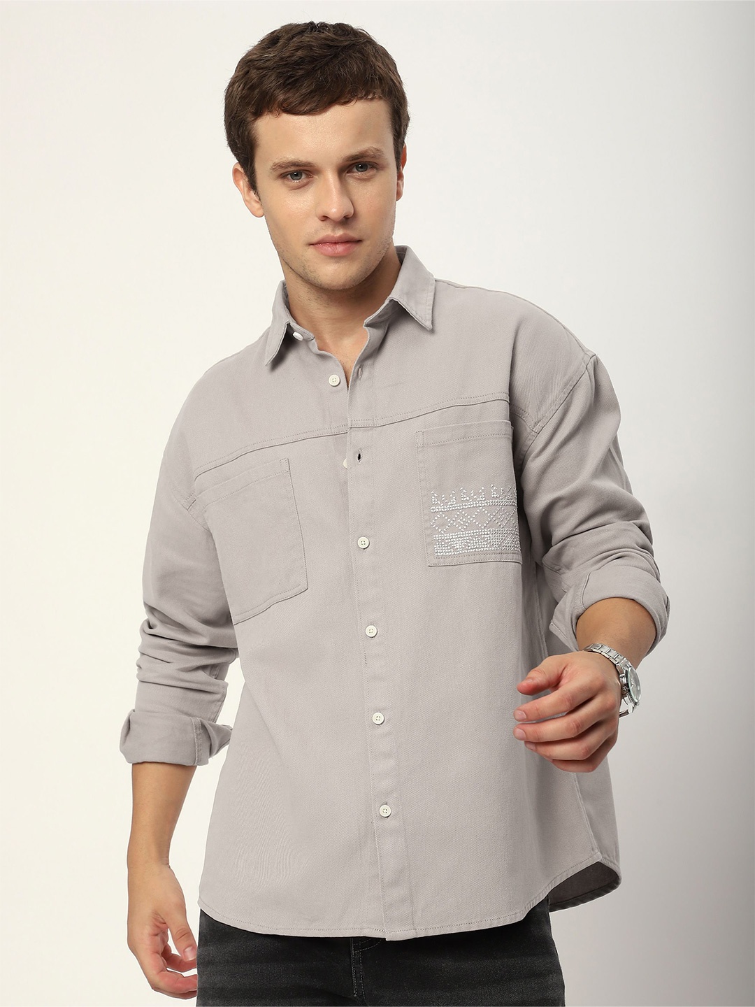 

Beyoung Men Spread Collar Solid Cotton Relaxed Fit Casual Shirt, Grey