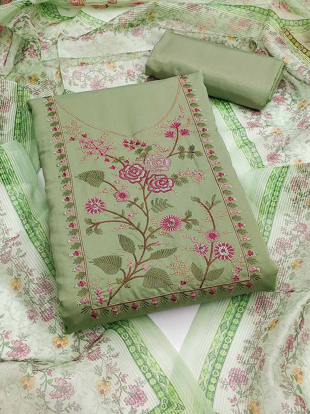 

Peachmode Embroidered Unstitched Dress Material, Green