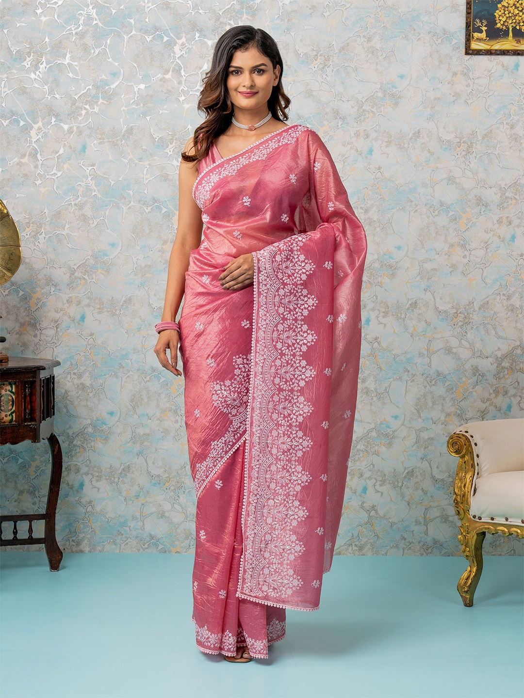 

MIMOSA Floral Embroidered Banarasi Saree, Pink