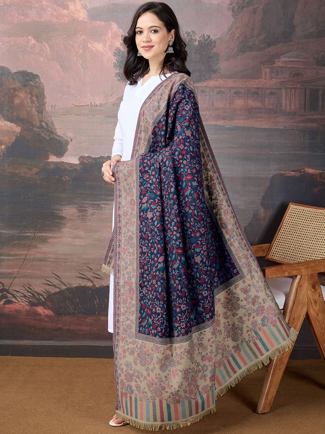 

House of Pataudi Women Floral Woven Design Shawl, Navy blue