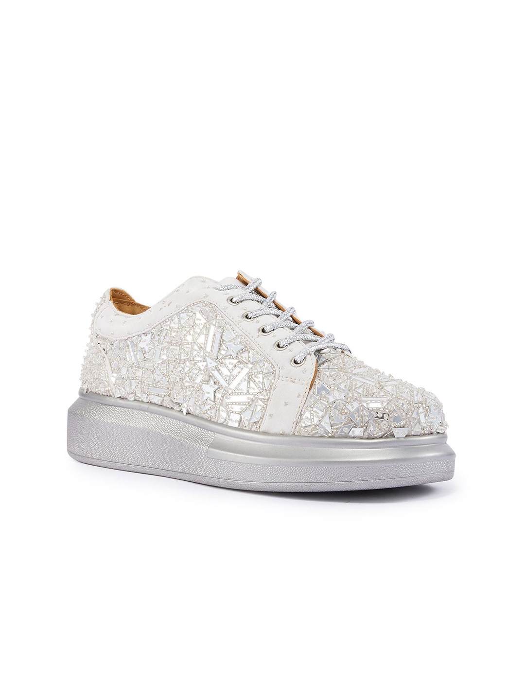 

Anaar Women Western Embellished Textured Lace-Up Sneakers, Silver