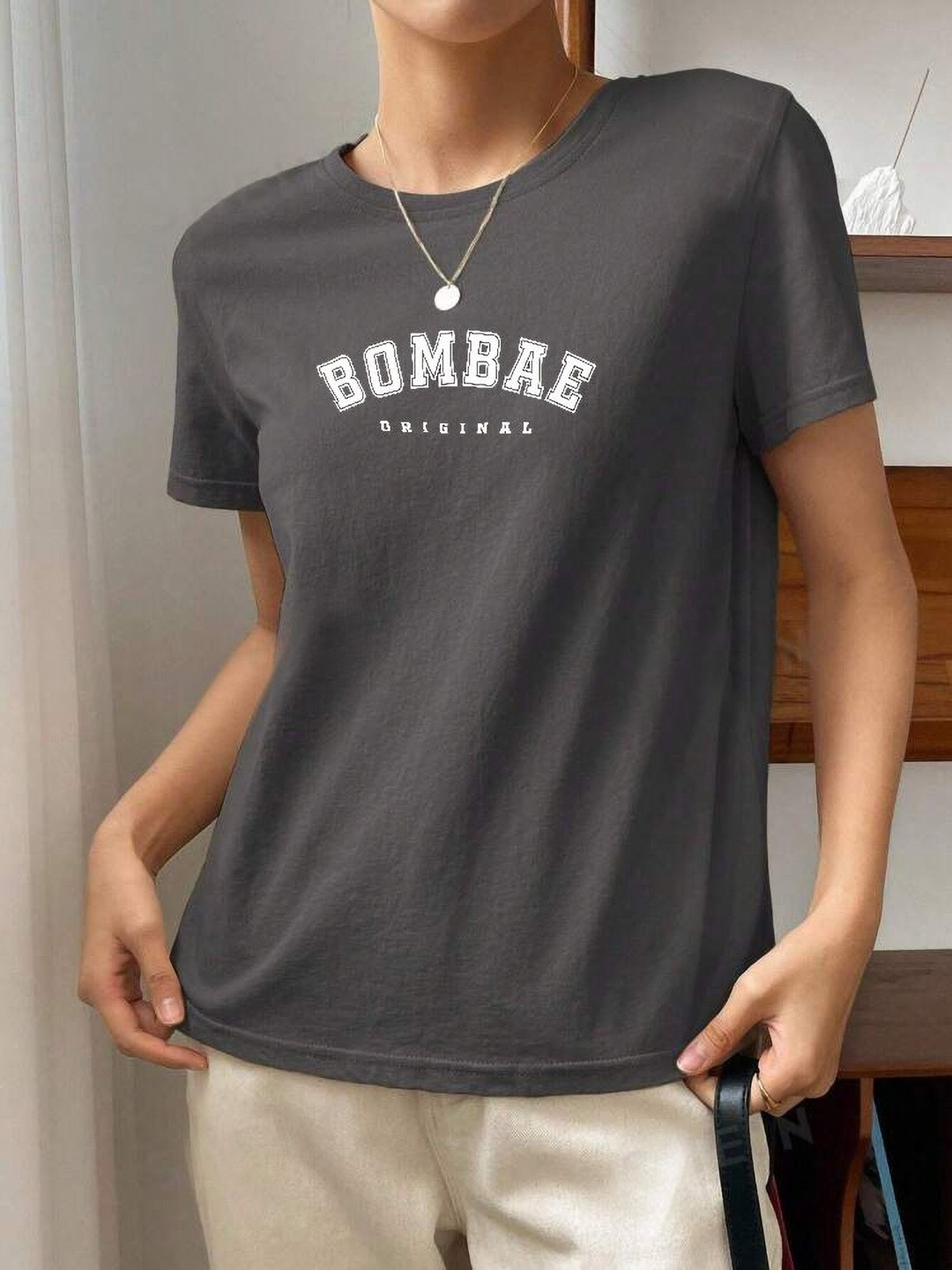 

BOMBAE TEES Women Typography V-Neck Bio Finish Raw Edge T-shirt, Grey