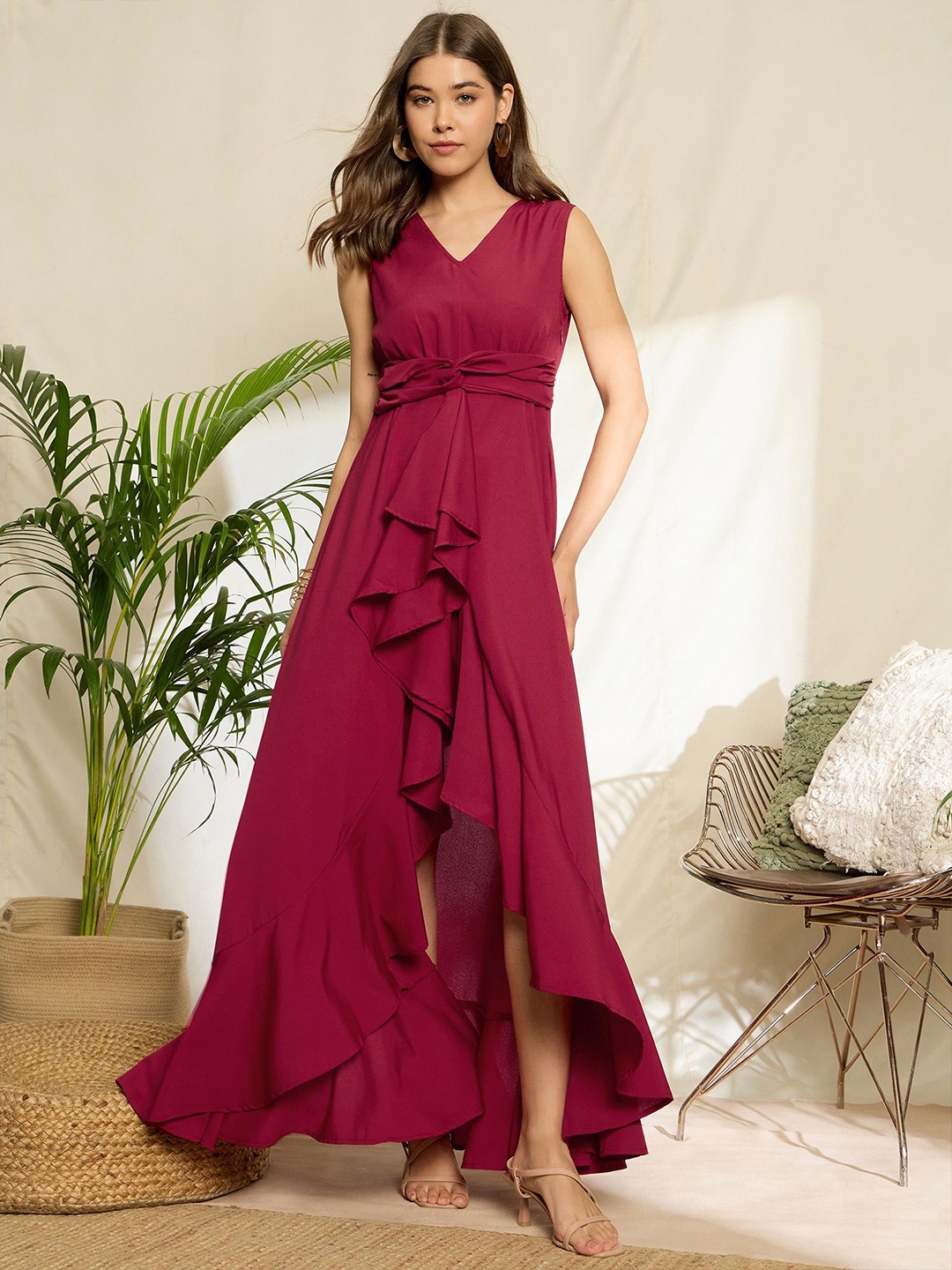 

Berrylush Ruffled A-Line Maxi Dress, Red