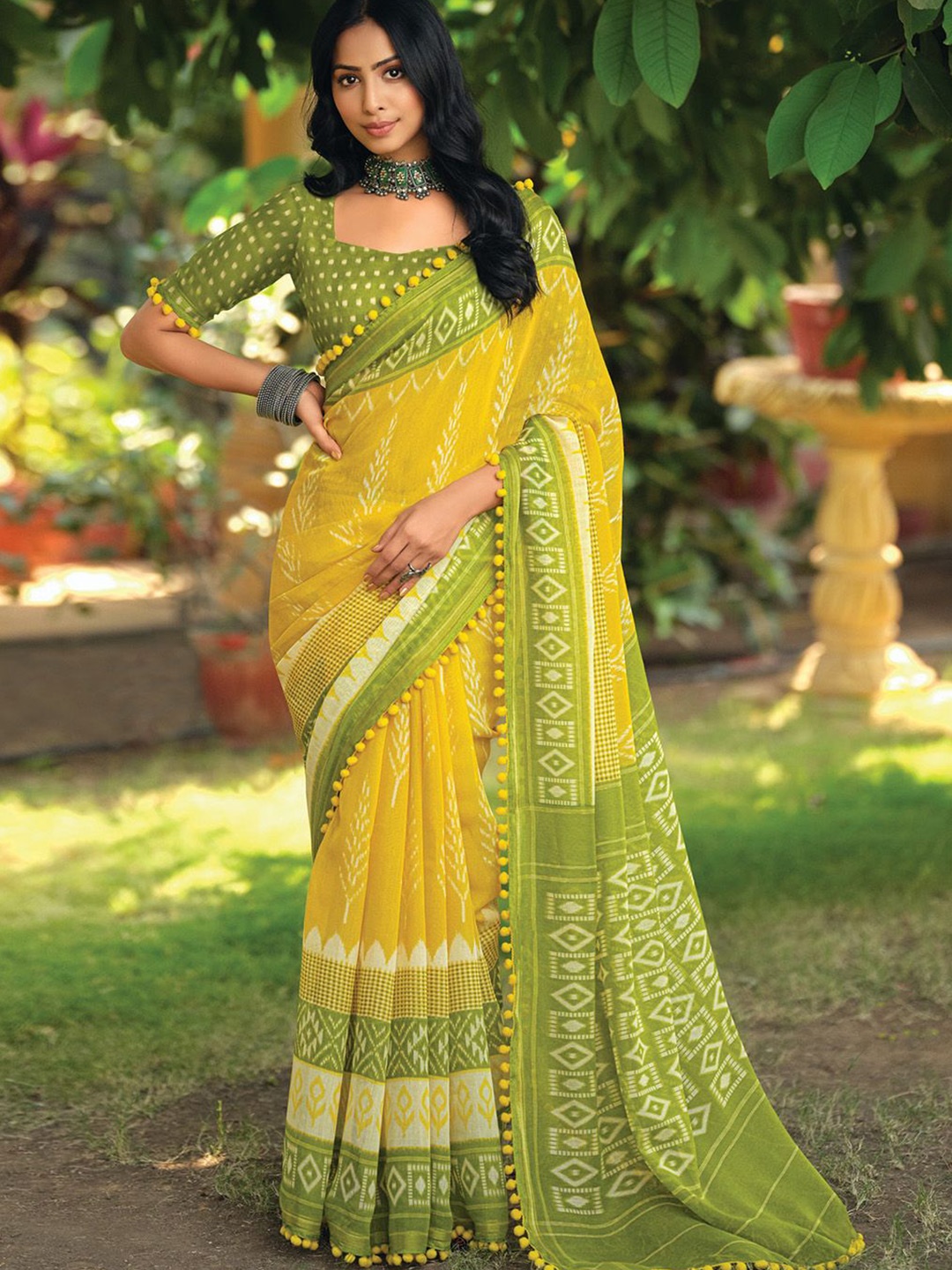 

Saree mall Ethnic Motifs Phulkari Designer Ikat Sarees, Yellow