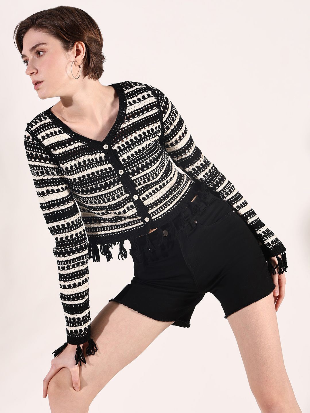 

SHOWOFF Women Shirt Style Crochet Top, Black