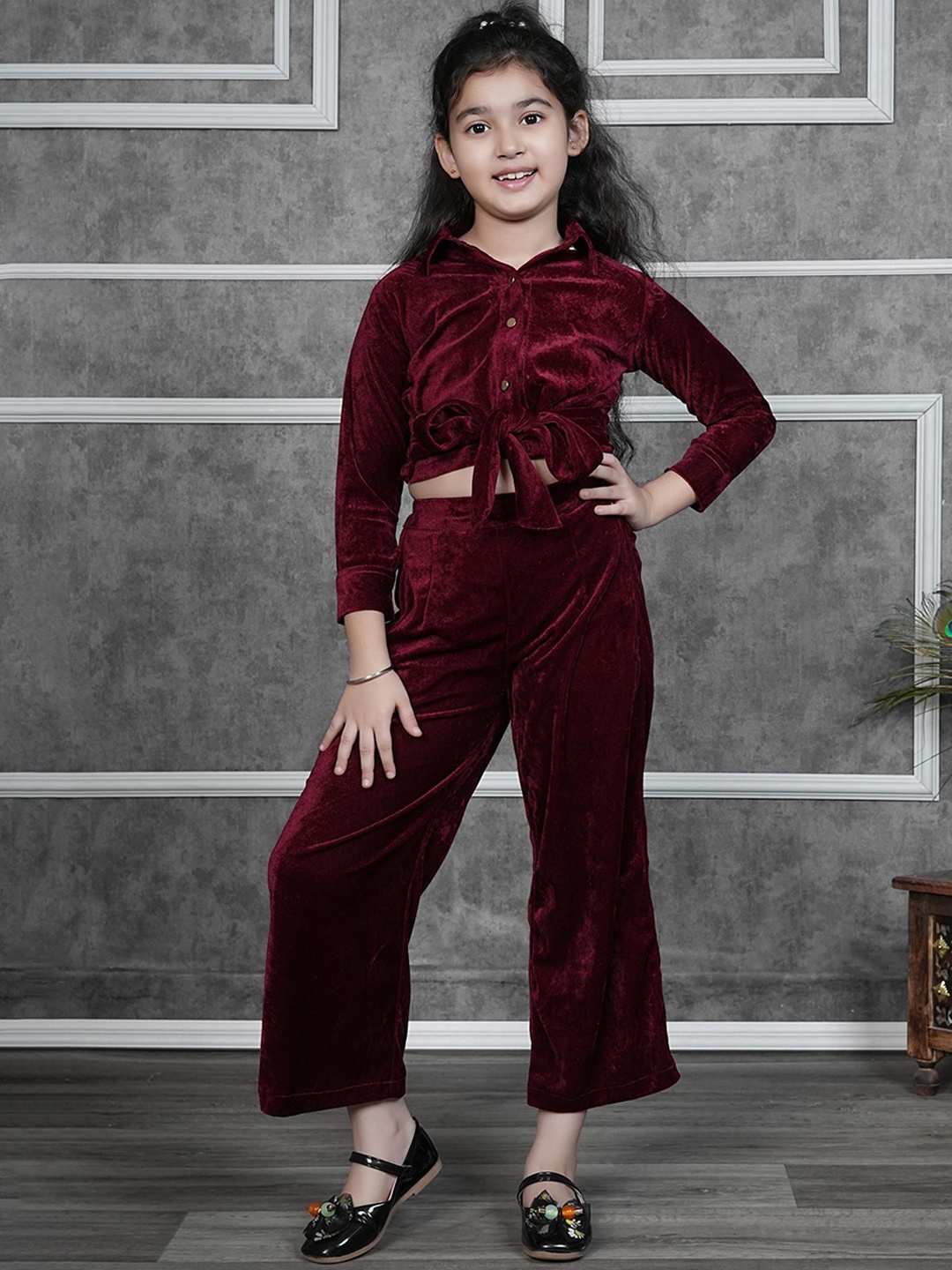

BAESD Girls Long Sleeves Velvet Shirt With Trouser, Maroon