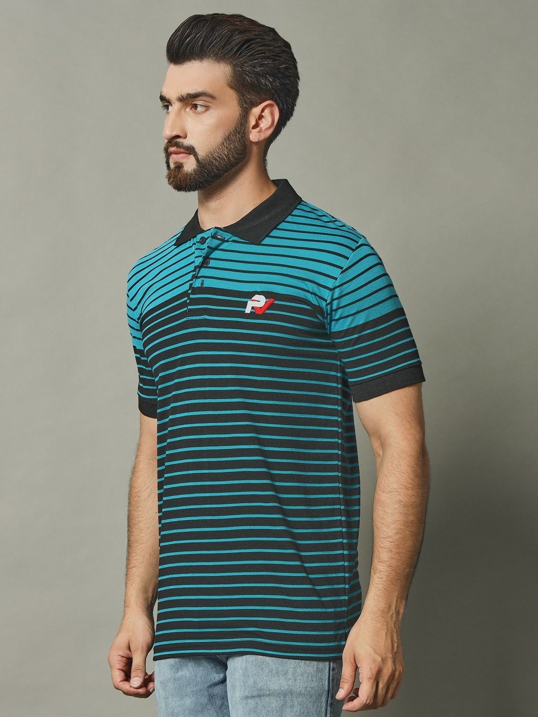 

GET GOLF Men Striped Polo Collar Cotton T-shirt, Navy blue