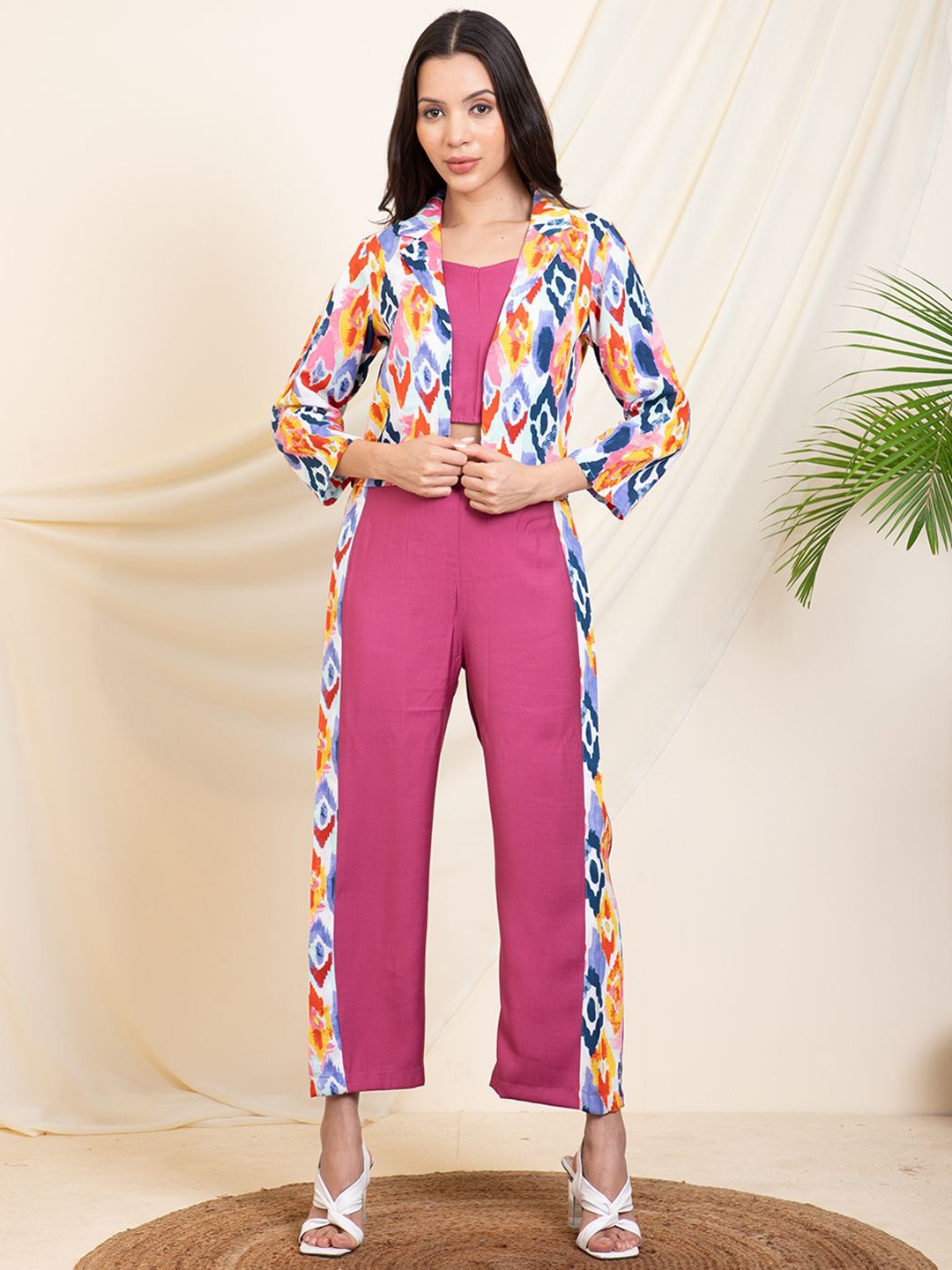 

DEEBACO Round Neck Cropped Top With Trouser & Blazer, Lavender