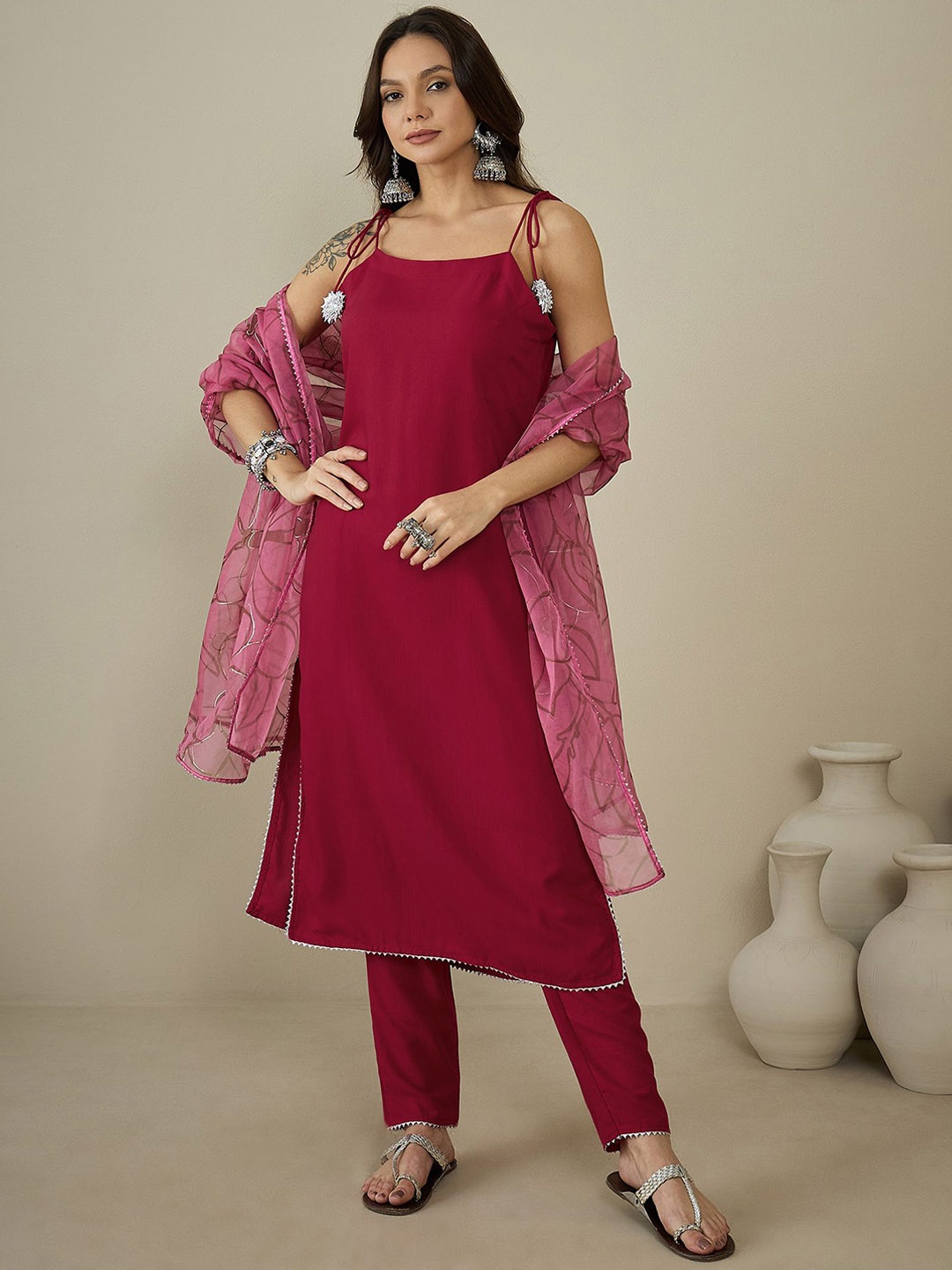 

MASSTANI BY INDDUS Women Regular Gotta Patti Kurta with Trousers & With Dupatta, Magenta