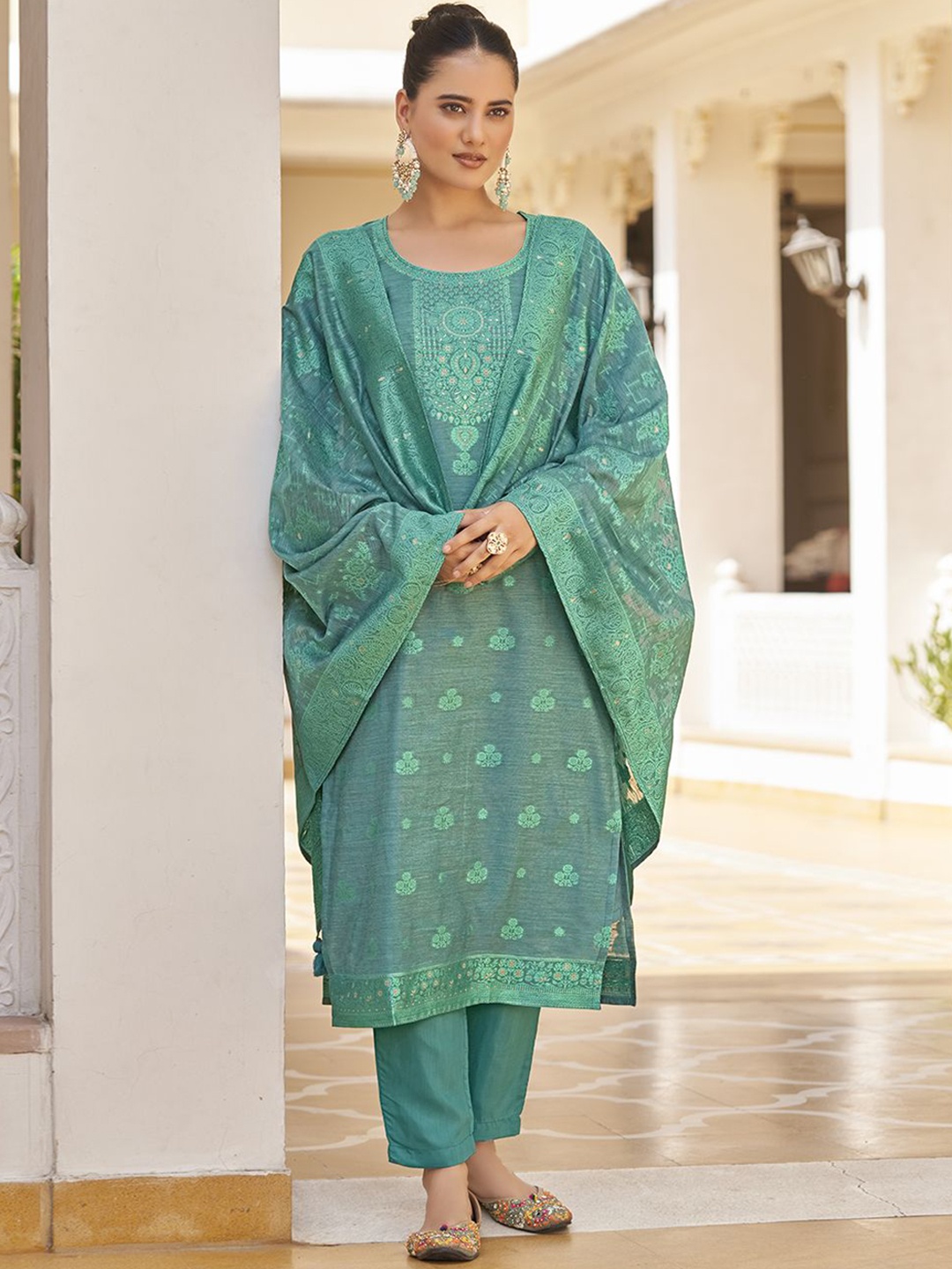 

KALINI Women Woven Straight Silk Blend Kurta with Trousers & With Dupatta, Turquoise blue