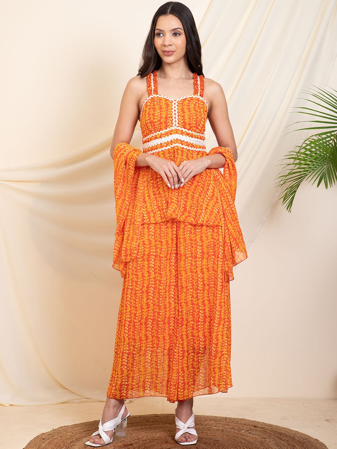 

DEEBACO Shoulder Straps Printed Tunic & Trouser With Dupatta, Orange