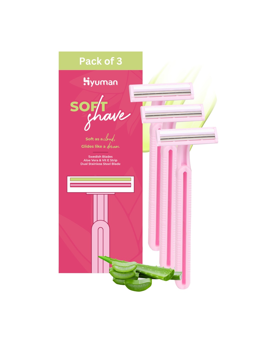 

HYUMAN Set Of 3 Aloe Vera & Vitamin E Soft Shave Razor, Pink