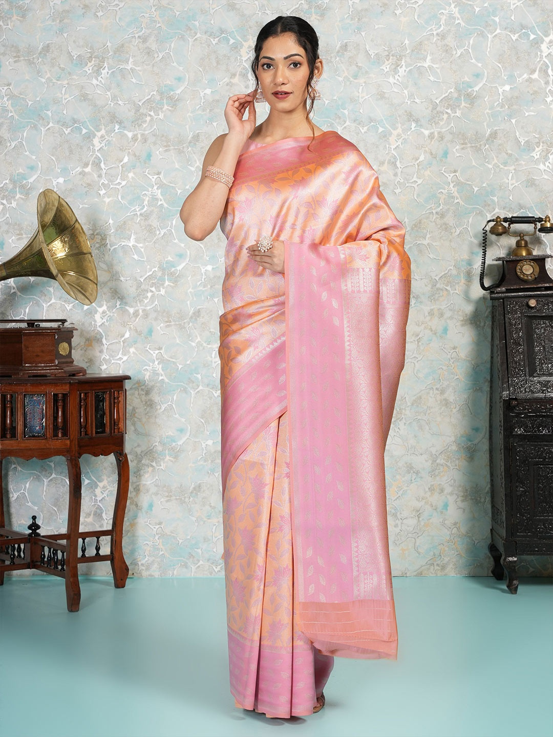 

MIMOSA Floral Woven Design Zari Kanjeevaram Saree, Peach