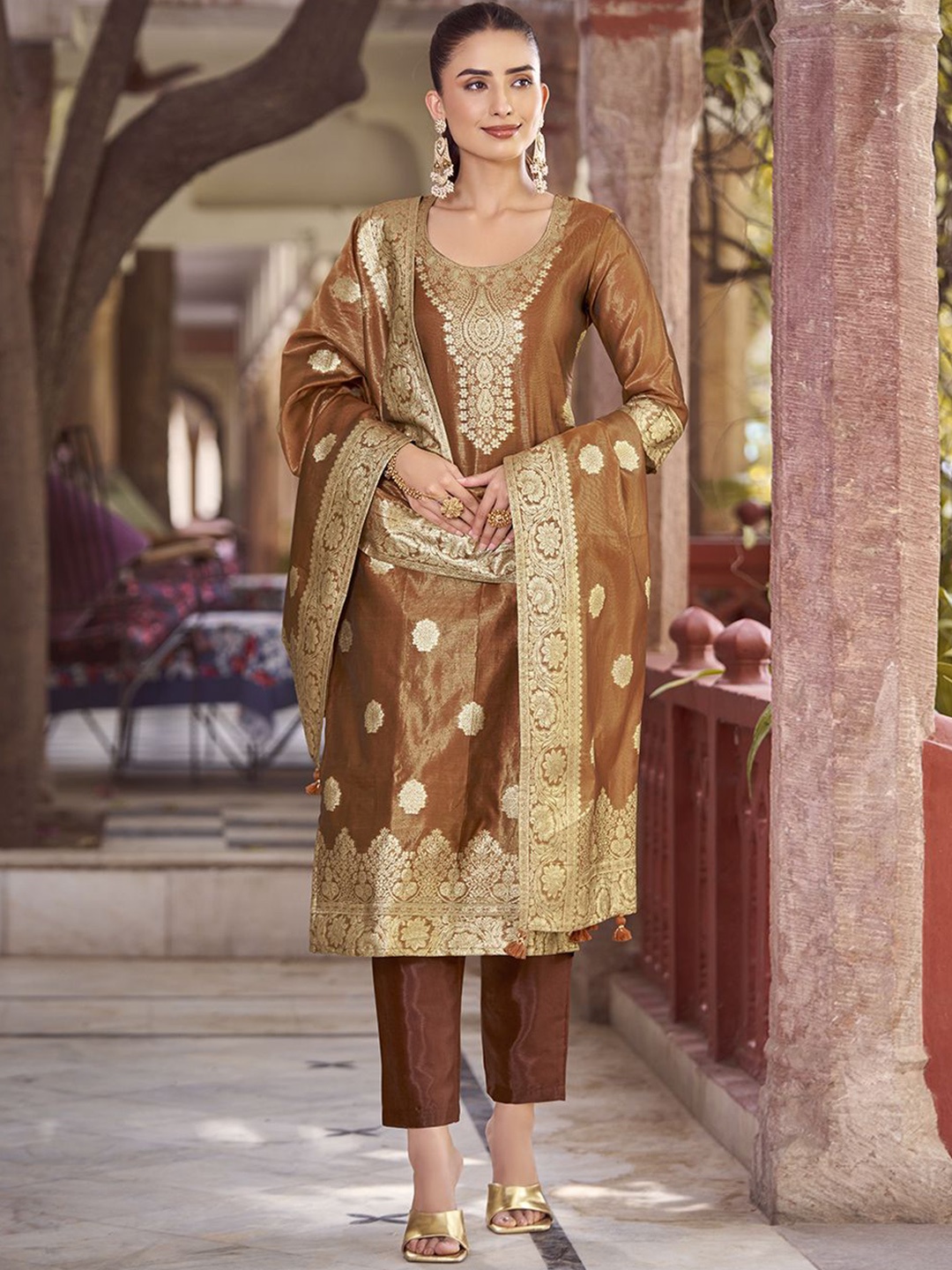 

KALINI Women Woven Straight Silk Blend Kurta with Trousers & With Dupatta, Rust