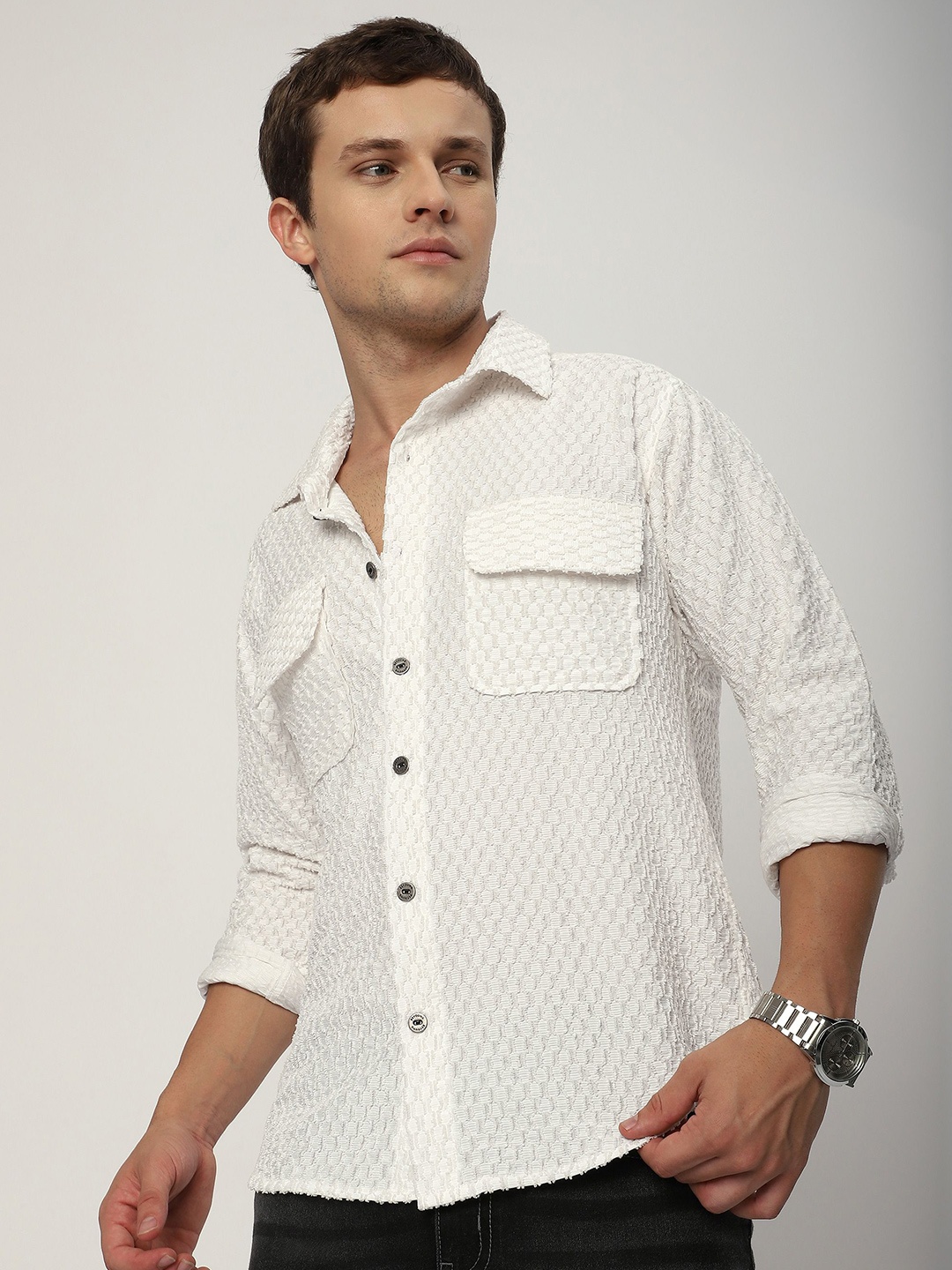 

Beyoung Men Spread Collar Textured Cotton Relaxed Fit Casual Shirt, Off white