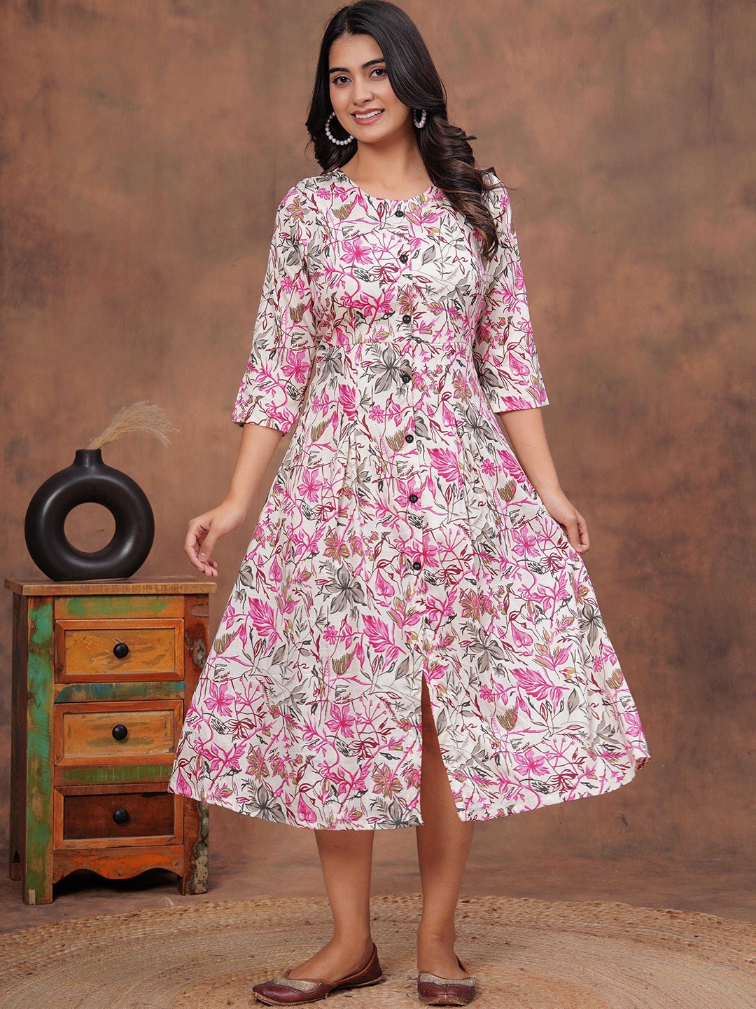 

DIZON Printed Pure Cotton Midi Ethnic Dress, Pink