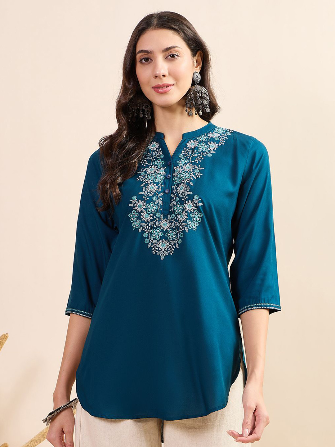 

Anouk Embroidered Mandarin Collar Top, Teal