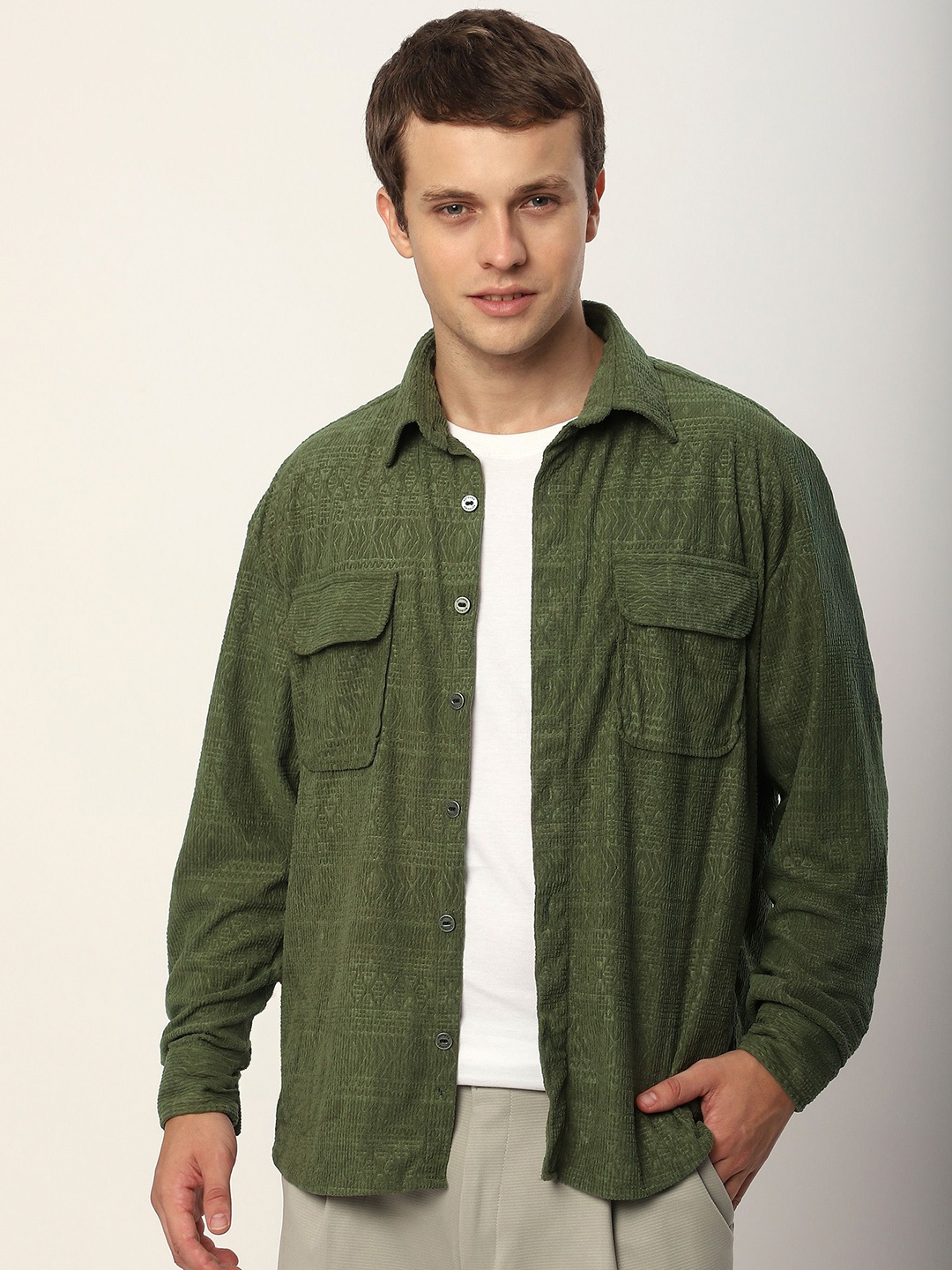 

Beyoung Geometric Textured Corduroy Shirt, Olive