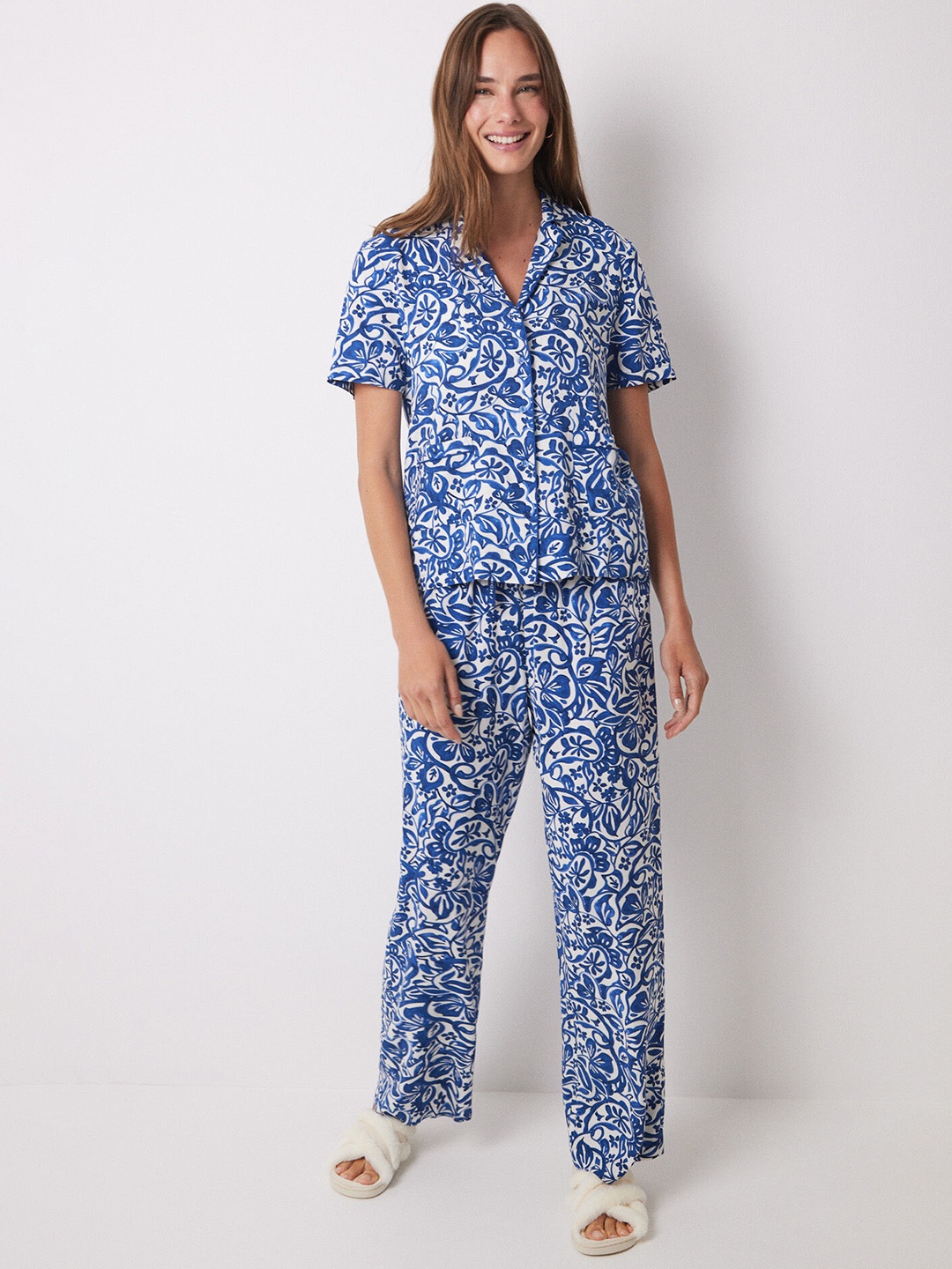 

women'secret Floral Printed Night Suit, Blue